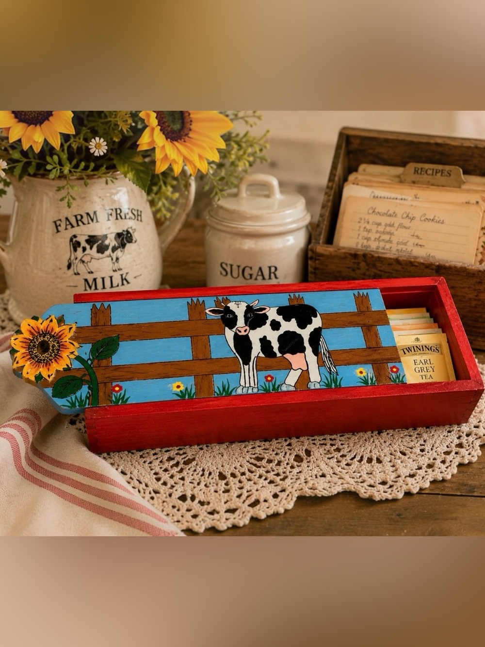 Vintage Hand Painted Cow Farmhouse Wooden Sliding Lid Storage Box Decor